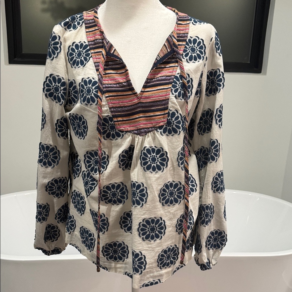 Boho Floral Peasant Top with Striped V-Neck